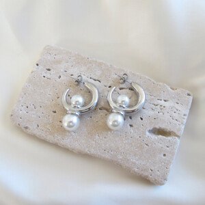 Silver Double Pearl Chunky Hoop Σκουλαρίκια