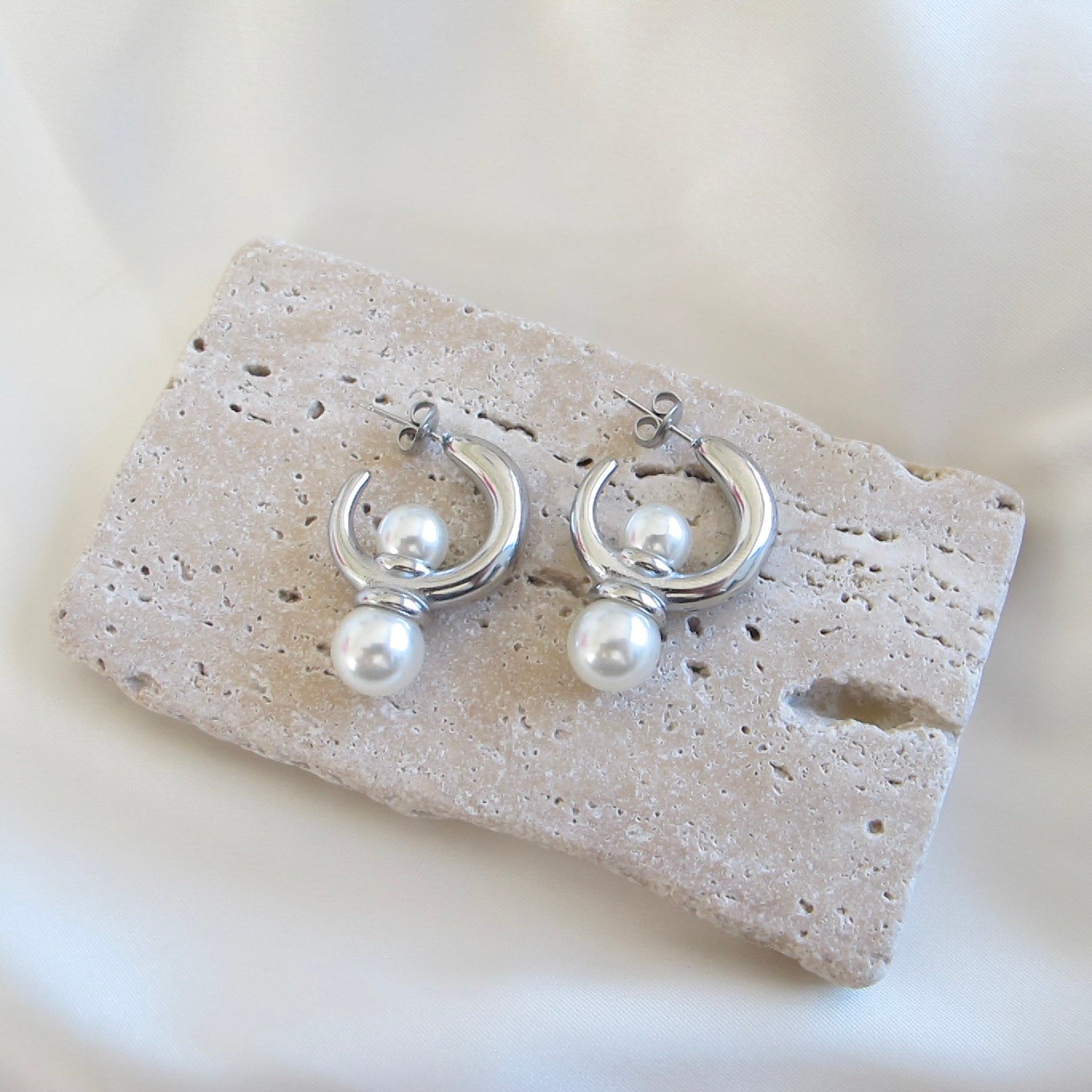 Silver Double Pearl Chunky Hoop Σκουλαρίκια