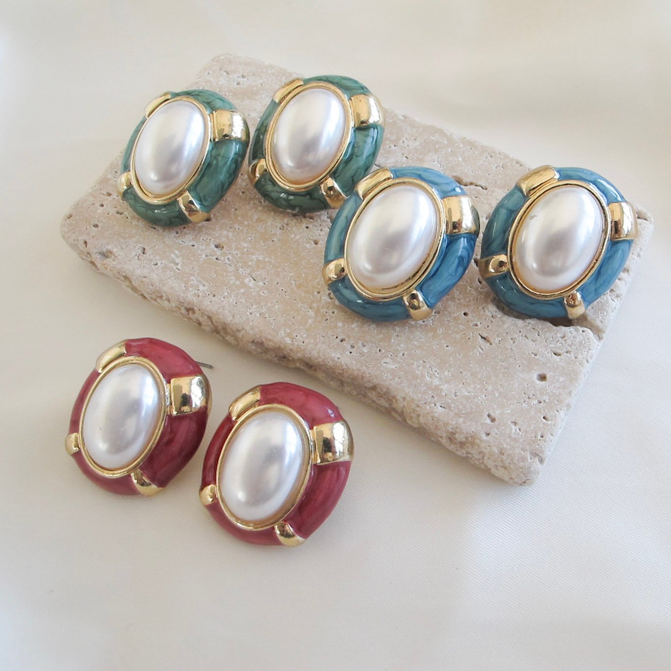 Vintage Pearl Enamel Oval Σκουλαρίκια